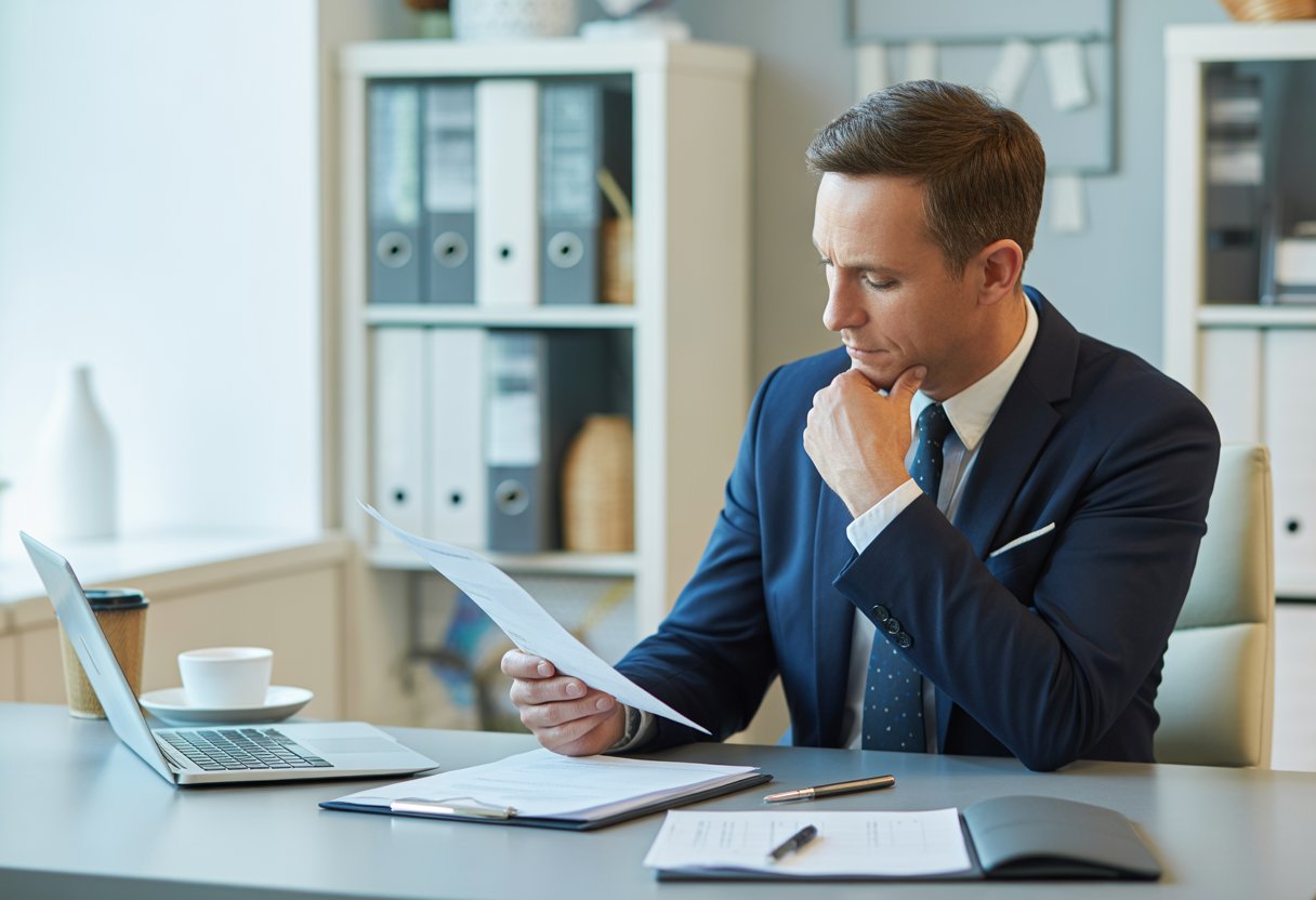 A landlord sitting at a desk reviewing tenant application forms and credit reports in a bright office.