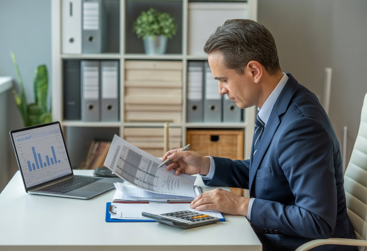 A landlord reviewing tenant application documents at a desk in an office.