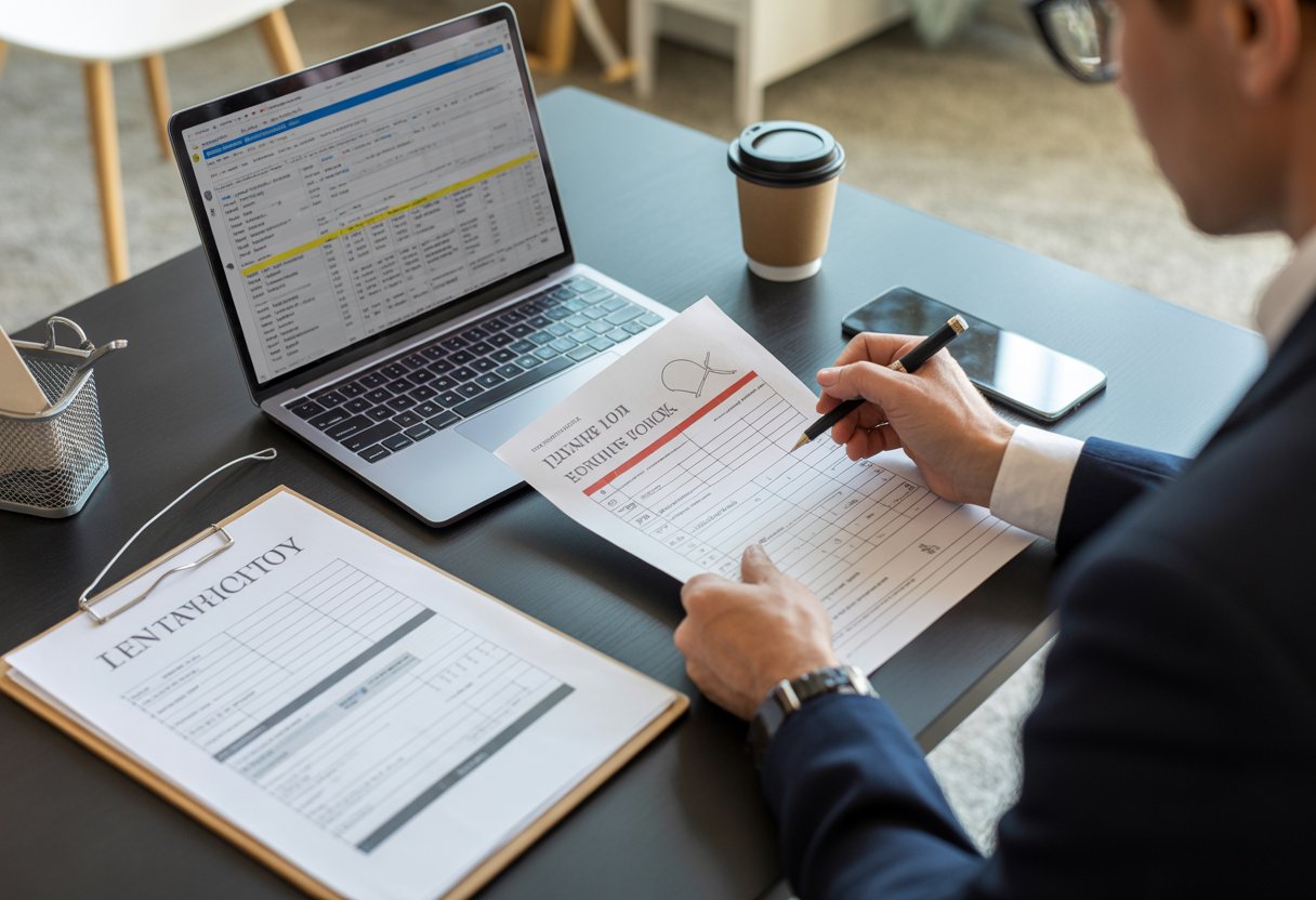 A person reviewing rental applications and tenancy documents at a desk with a laptop and paperwork.