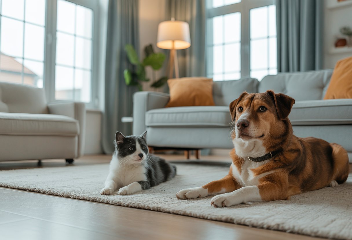 A living room in a rental property with a dog and a cat peacefully together near a sofa.