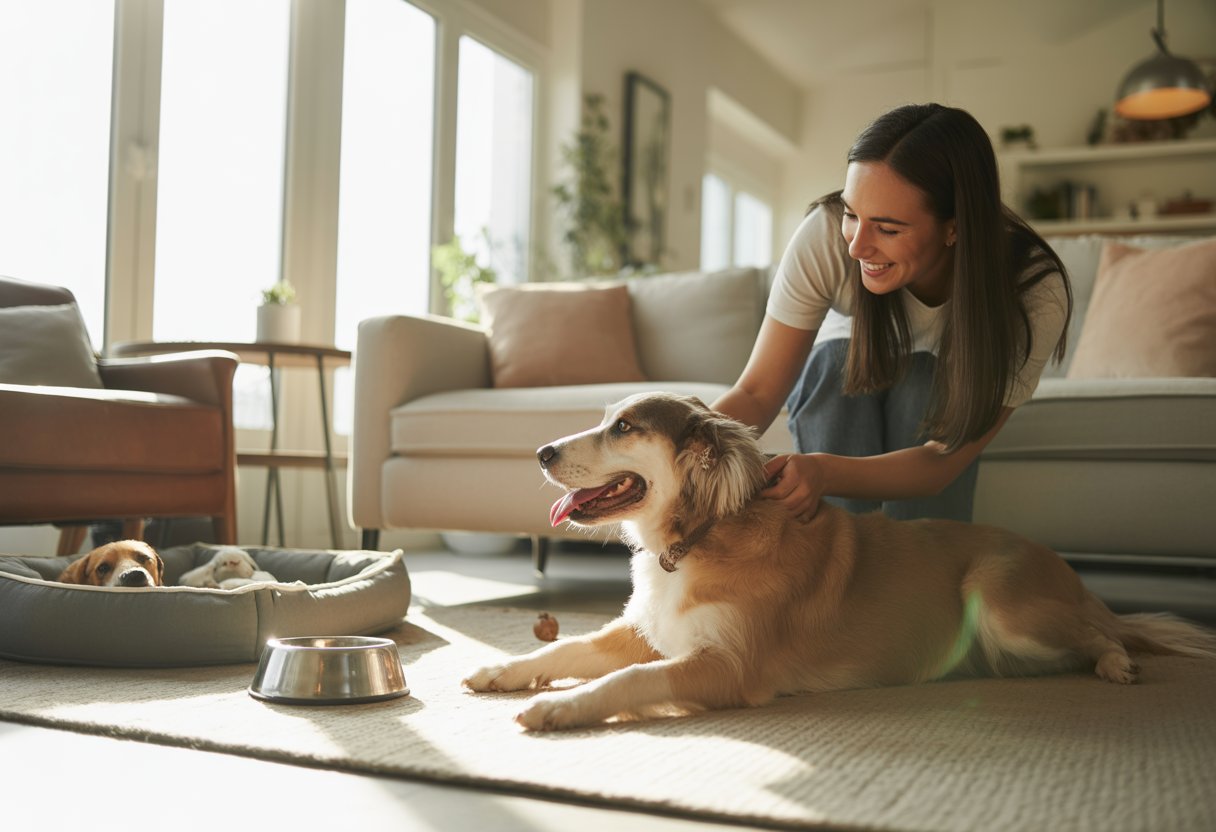 A person sitting in a bright living room petting a dog with pet accessories visible nearby.