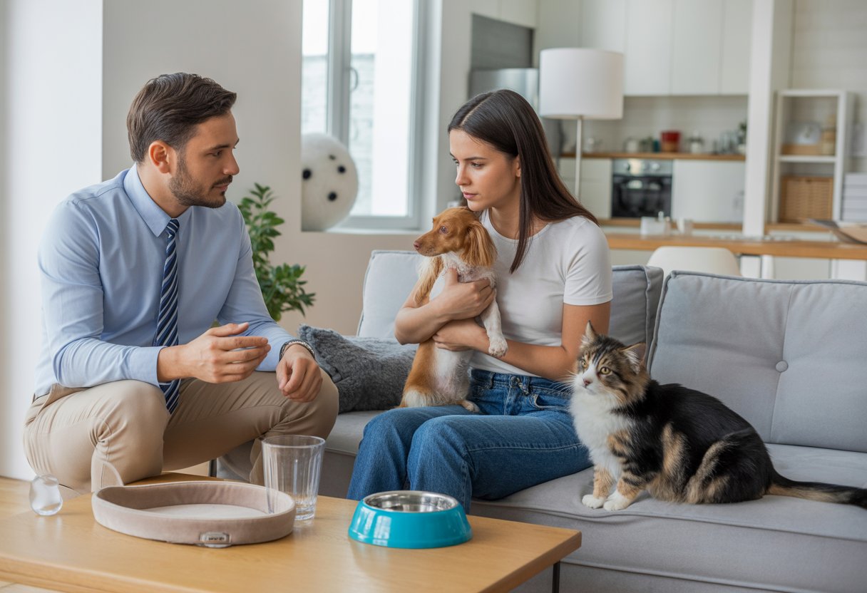 A landlord and tenant discussing in a modern living room with a small dog held by the tenant and a cat sitting on a sofa nearby.