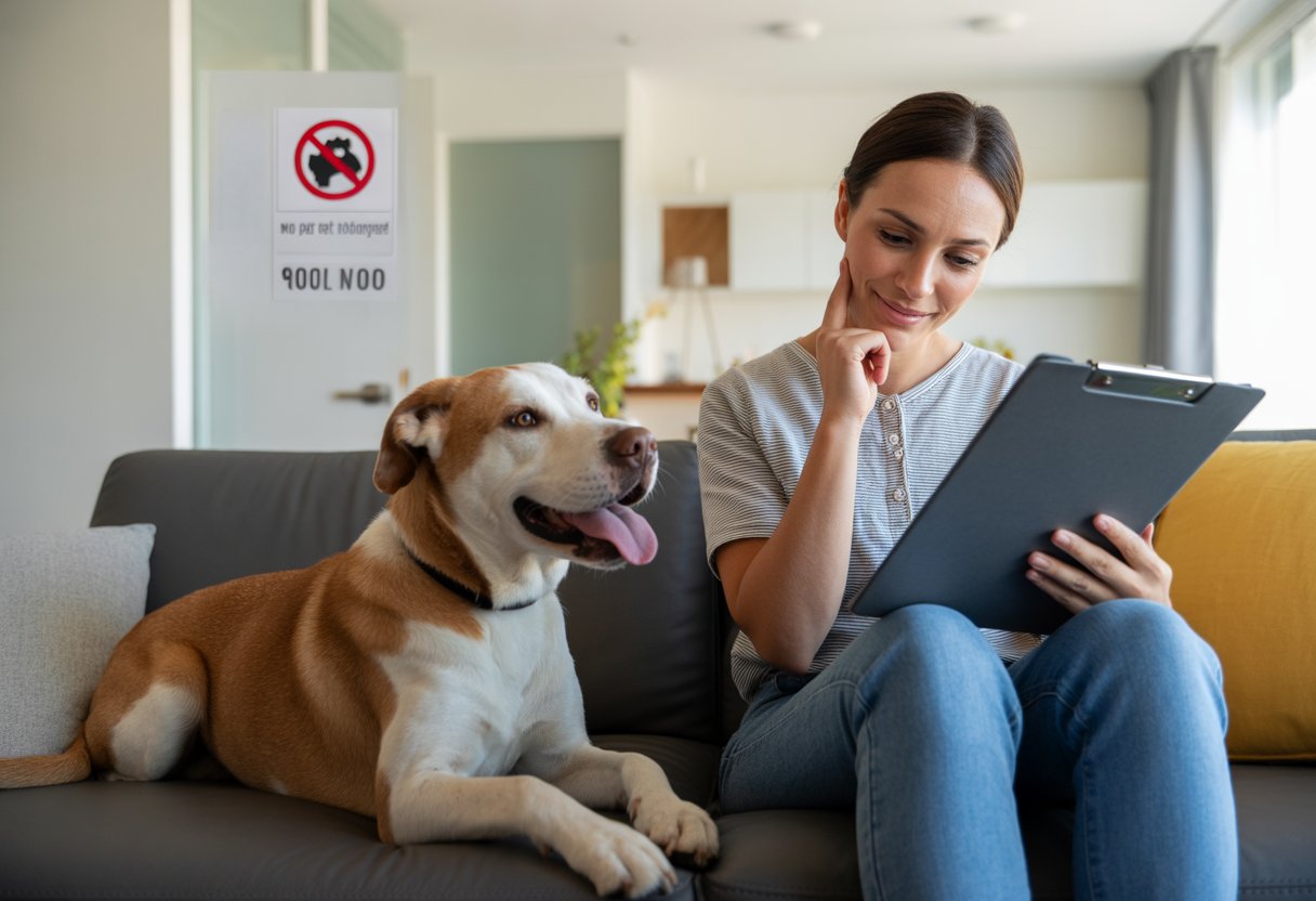 A tenant sitting in a living room with their dog, reviewing rental documents.